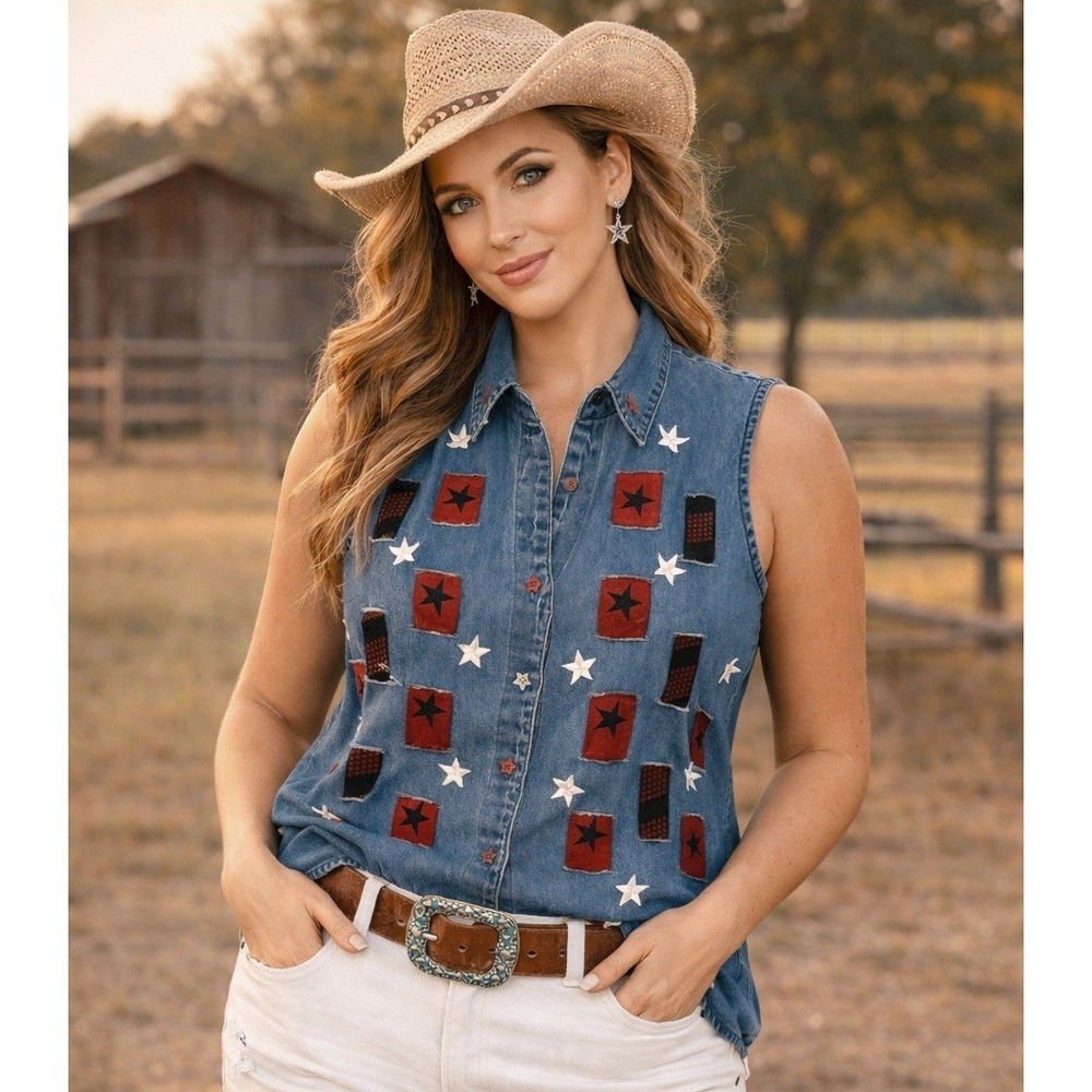VTG Tantrums Womens Top PXL Petite Denim Stars Stripes Country Western Patriotic